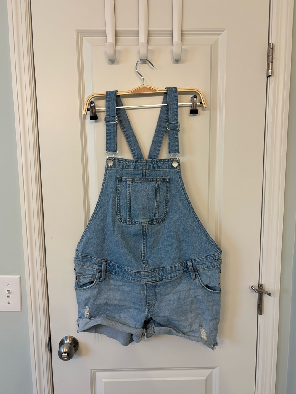 Denim Short Maternity Overalls - Light Blue Women’s Shorts